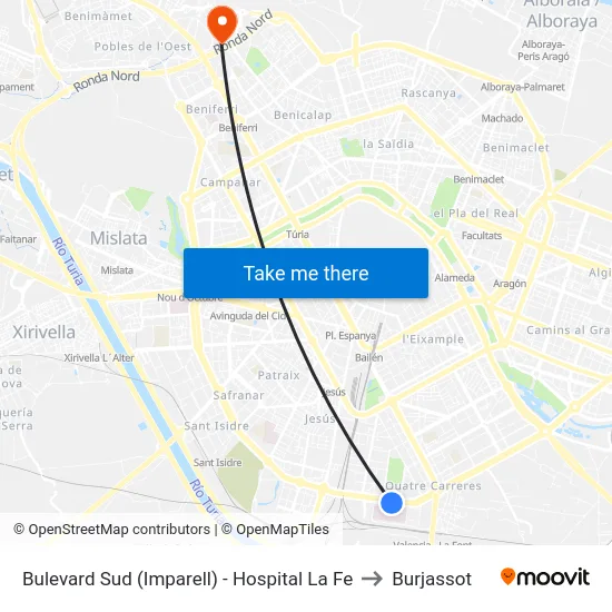 Bulevard Sud (Imparell) - Hospital La Fe to Burjassot map