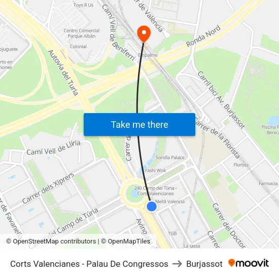 Corts Valencianes - Palau De Congressos to Burjassot map