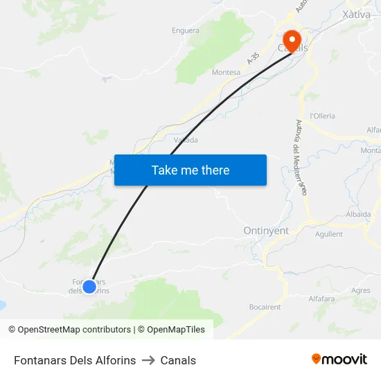 Fontanars Dels Alforins to Canals map