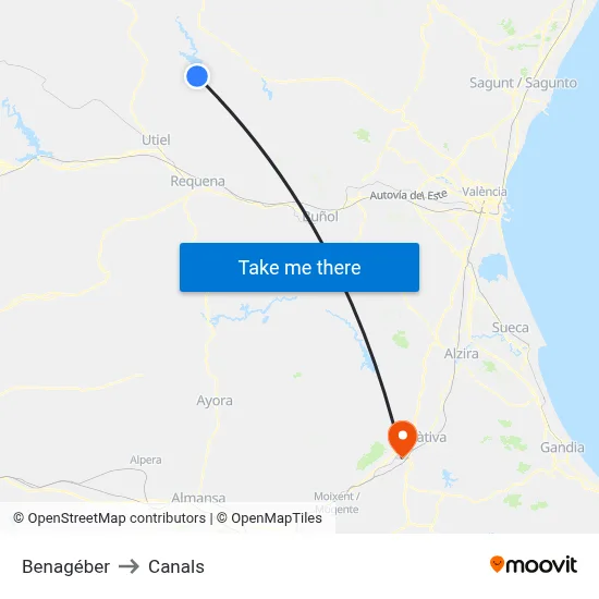 Benagéber to Canals map