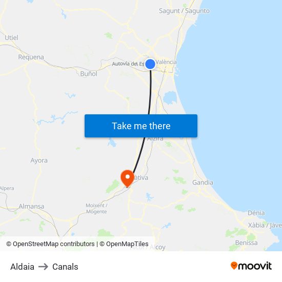 Aldaia to Canals map