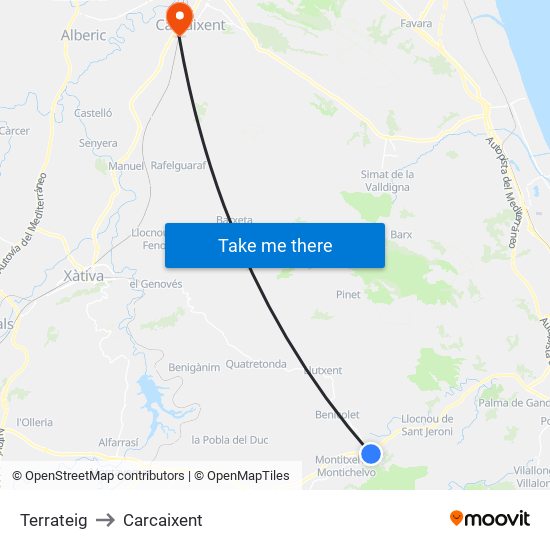 Terrateig to Carcaixent map