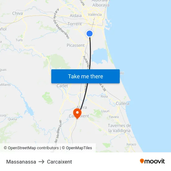 Massanassa to Carcaixent map