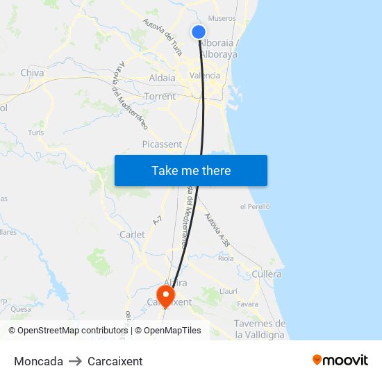 Moncada to Carcaixent map