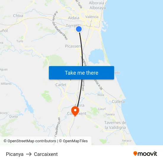 Picanya to Carcaixent map