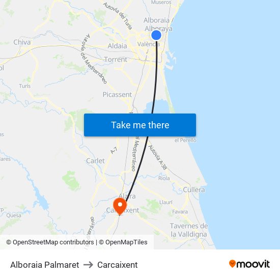 Alboraia Palmaret to Carcaixent map