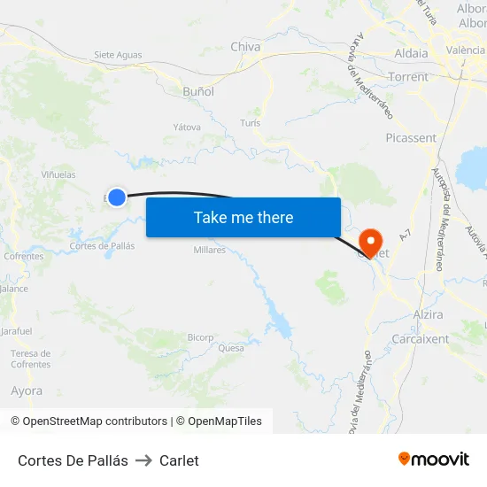 Cortes De Pallás to Carlet map