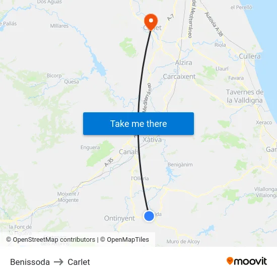 Benissoda to Carlet map