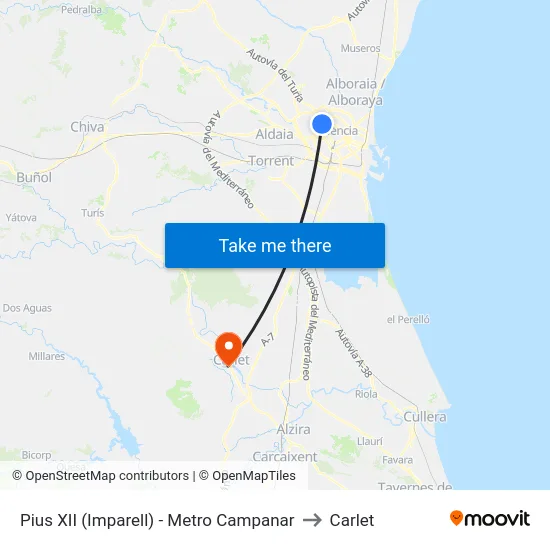 Pius XII (Imparell) - Metro Campanar to Carlet map