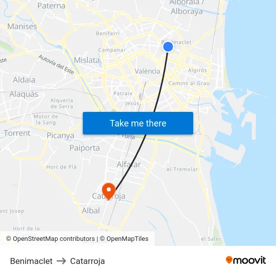 Benimaclet to Catarroja map