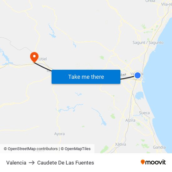 Valencia to Caudete De Las Fuentes map