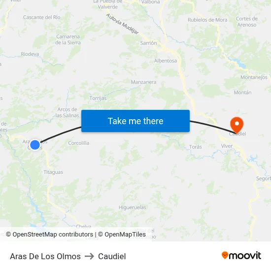 Aras De Los Olmos to Caudiel map