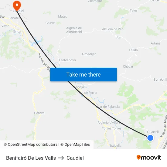 Benifairó De Les Valls to Caudiel map