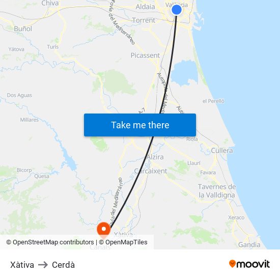 Xàtiva to Cerdà map