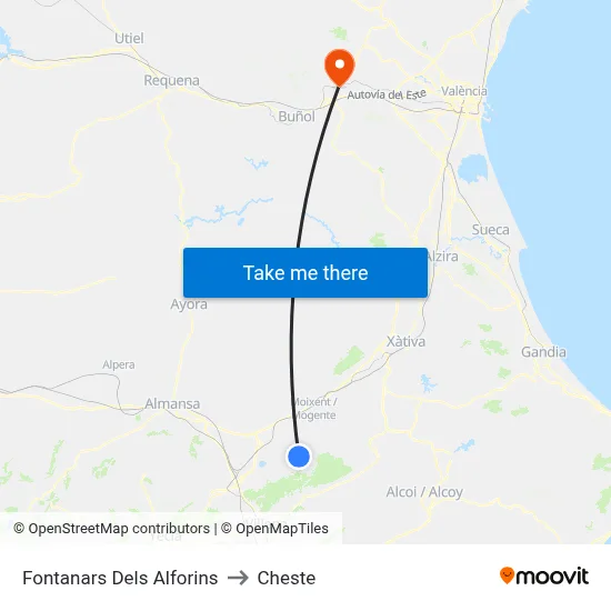 Fontanars Dels Alforins to Cheste map