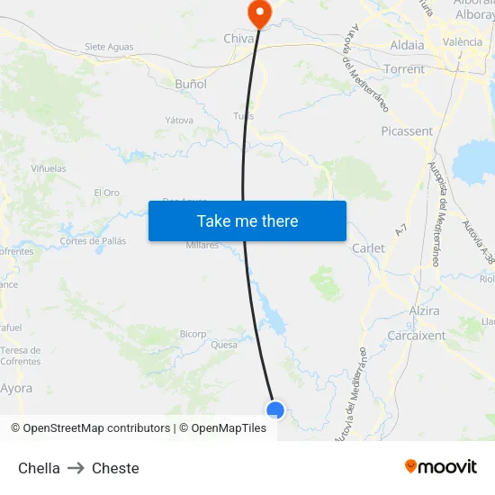 Chella to Cheste map