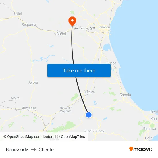 Benissoda to Cheste map