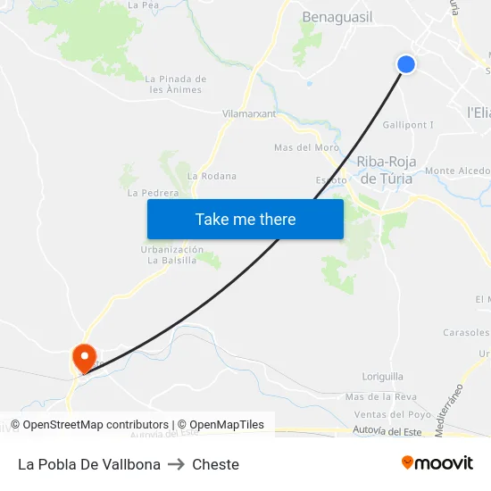 La Pobla De Vallbona to Cheste map
