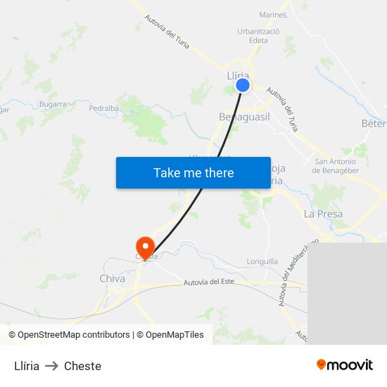Llíria to Cheste map