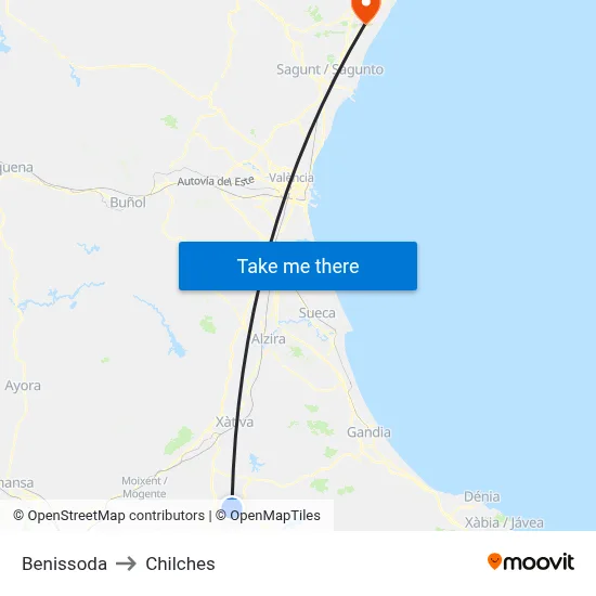 Benissoda to Chilches map