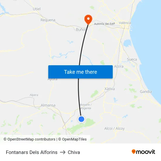 Fontanars Dels Alforins to Chiva map