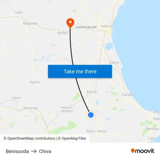 Benissoda to Chiva map