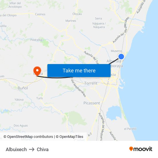 Albuixech to Chiva map