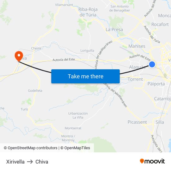 Xirivella to Chiva map