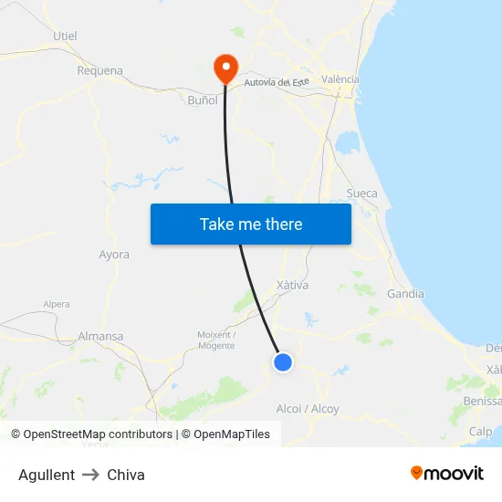 Agullent to Chiva map