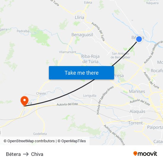 Bétera to Chiva map