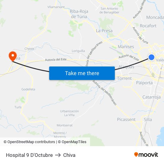 Hospital 9 D'Octubre to Chiva map
