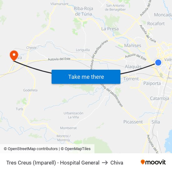 Tres Creus (Imparell) - Hospital General to Chiva map