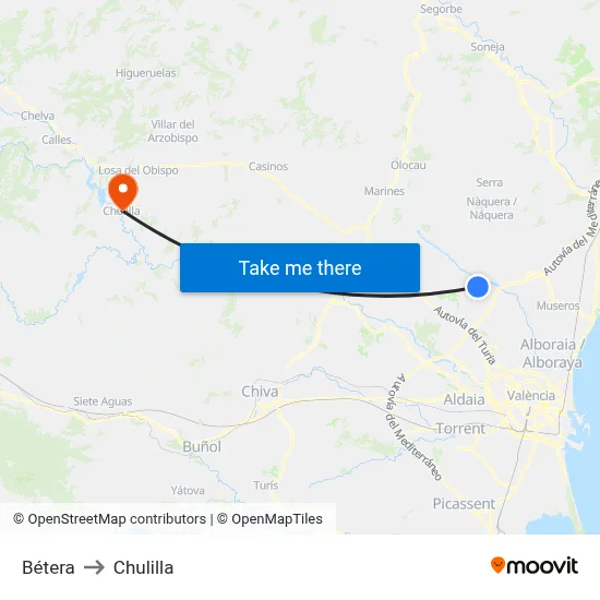Bétera to Chulilla map