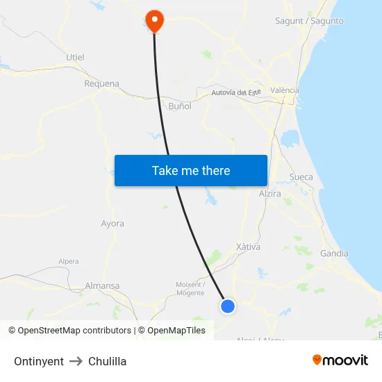 Ontinyent to Chulilla map