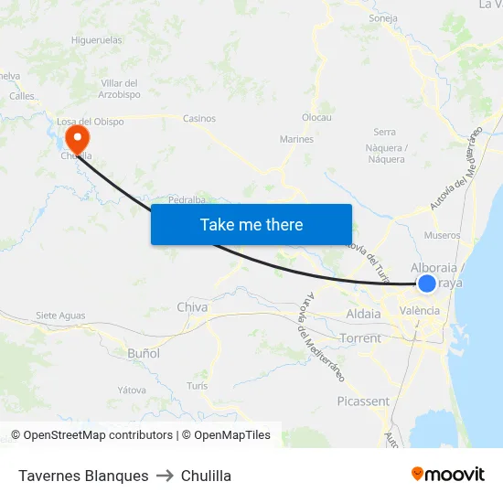 Tavernes Blanques to Chulilla map