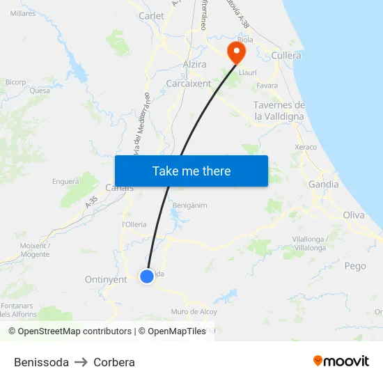 Benissoda to Corbera map