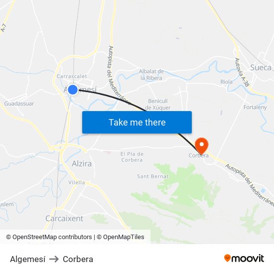 Algemesí to Corbera map