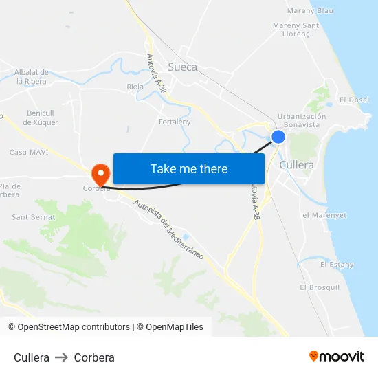 Cullera to Corbera map