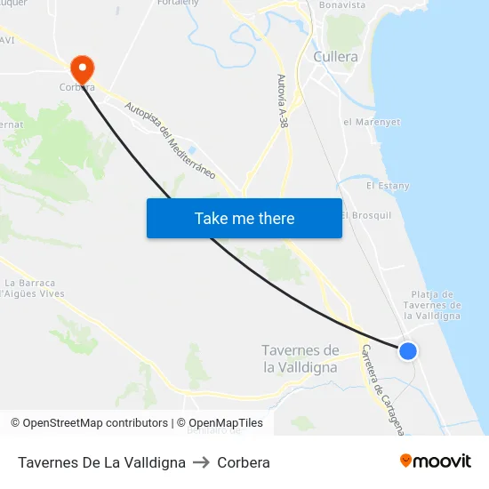 Tavernes De La Valldigna to Corbera map