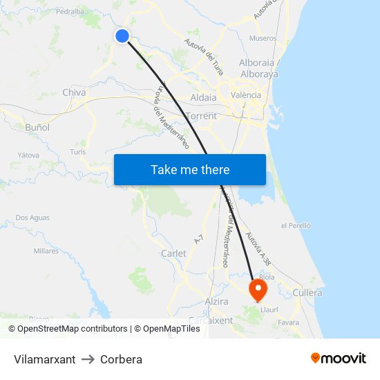 Vilamarxant to Corbera map
