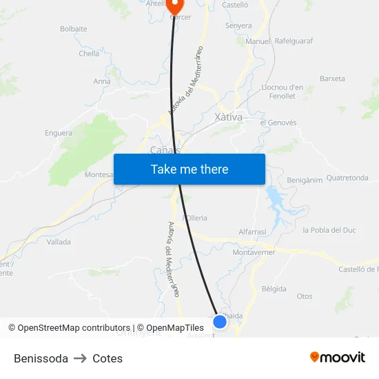 Benissoda to Cotes map