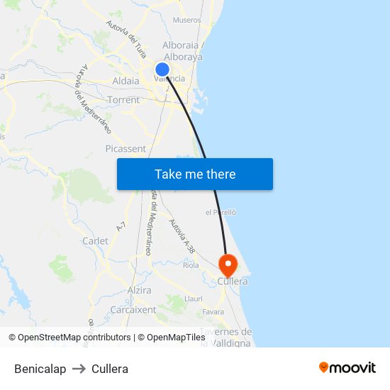 Benicalap to Cullera map