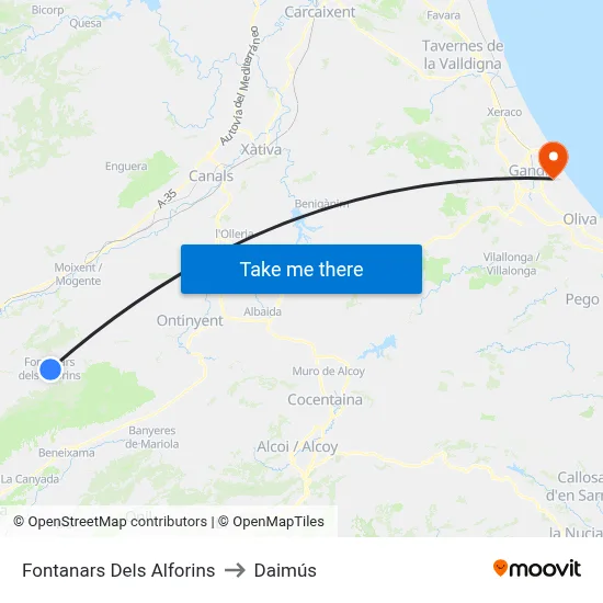 Fontanars Dels Alforins to Daimús map