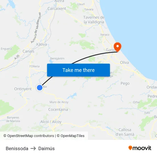Benissoda to Daimús map