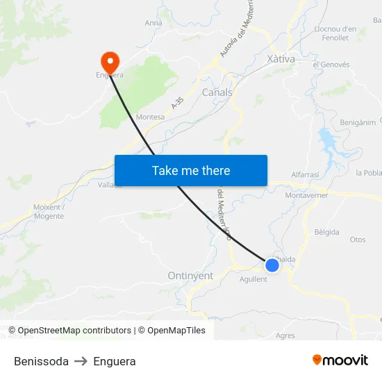 Benissoda to Enguera map