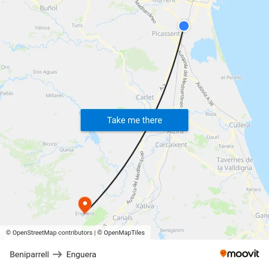 Beniparrell to Enguera map