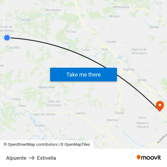 Alpuente to Estivella map
