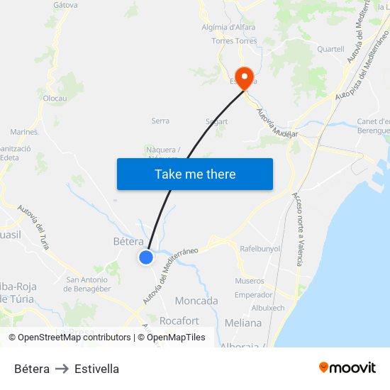 Bétera to Estivella map