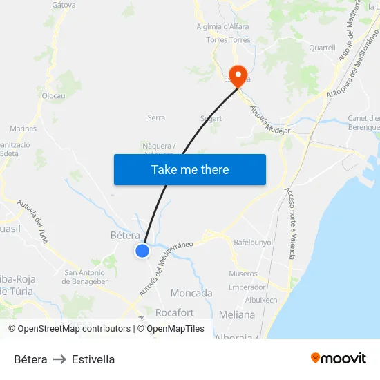 Bétera to Estivella map