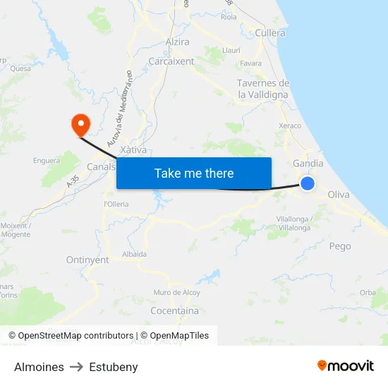 Almoines to Estubeny map